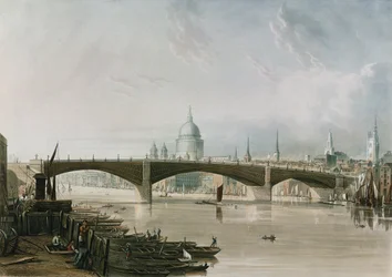 Southwark Eisenbrücke, von Bankside aus gesehen (aquatinta von Thomas Sutherland, 1819)